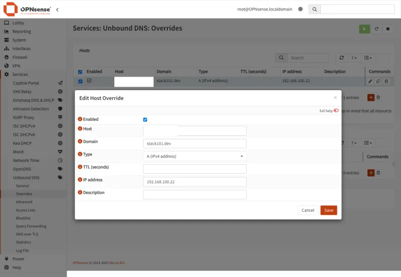 OPNsense Unbound DNS Host Override Configuration