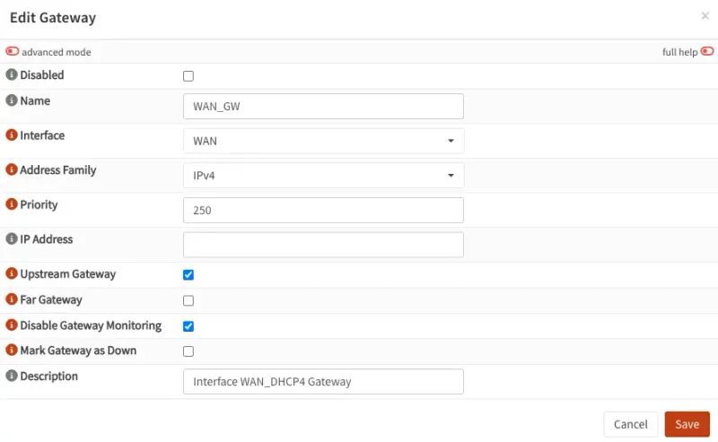 OPNsense Gateway dashboard showing settings for WAN Gateway IPv4