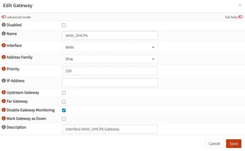 OPNsense Gateway dashboard showing settings for WAN Gateway IPv6