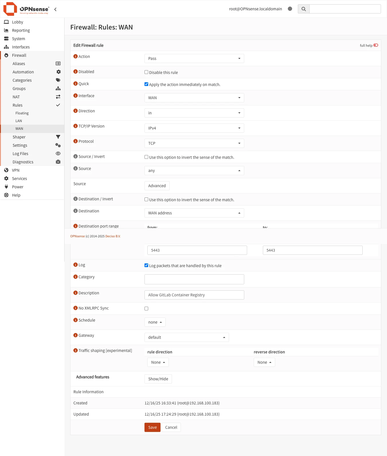 OPNsense WAN Firewall Rule